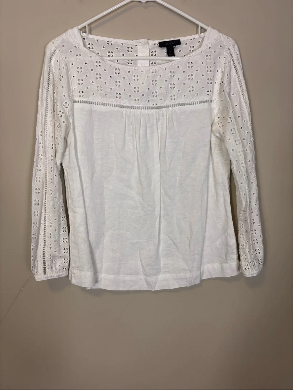J. Crew White Eyelet Yoke Long Sleeve Linen and Cotton Blend Blouse Top 2